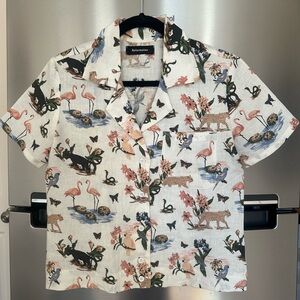 Reformation animal print janeiro holiday linen short sleeve shirt